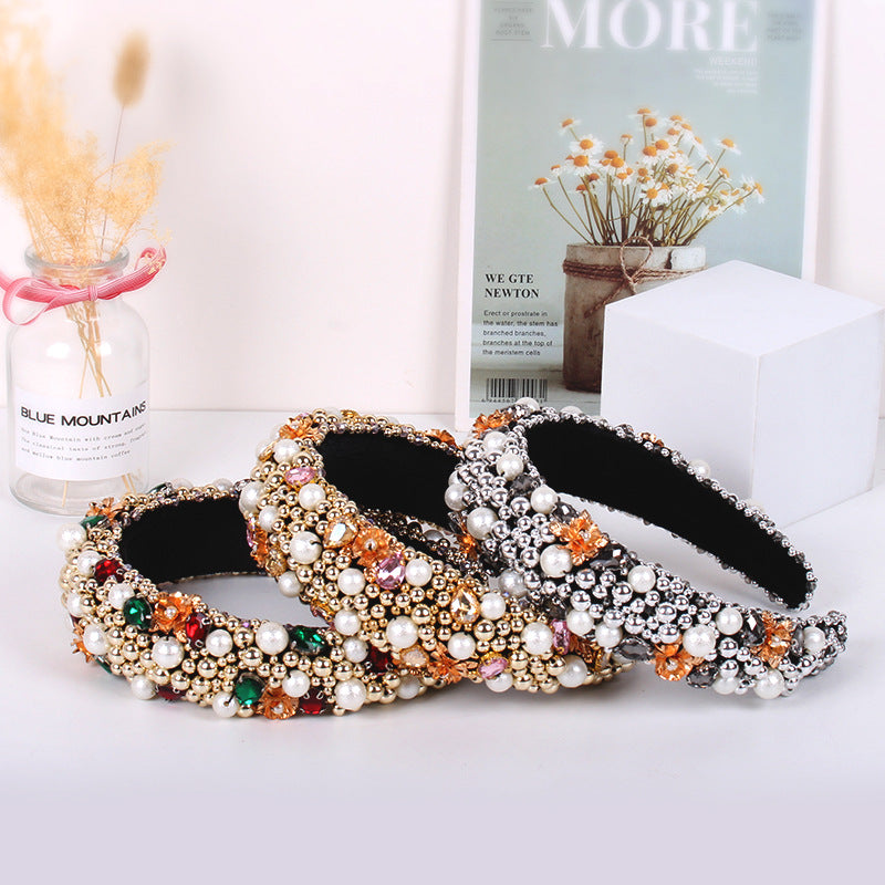 Wholesale 10Pcs Heavy Industry Crystal Beaded Retro Baroque Thick Sponge Wide Brim Pressed Headband